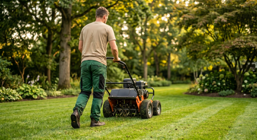Man providing lawn care services in Frisco, TX using a push mower on a residential lawn